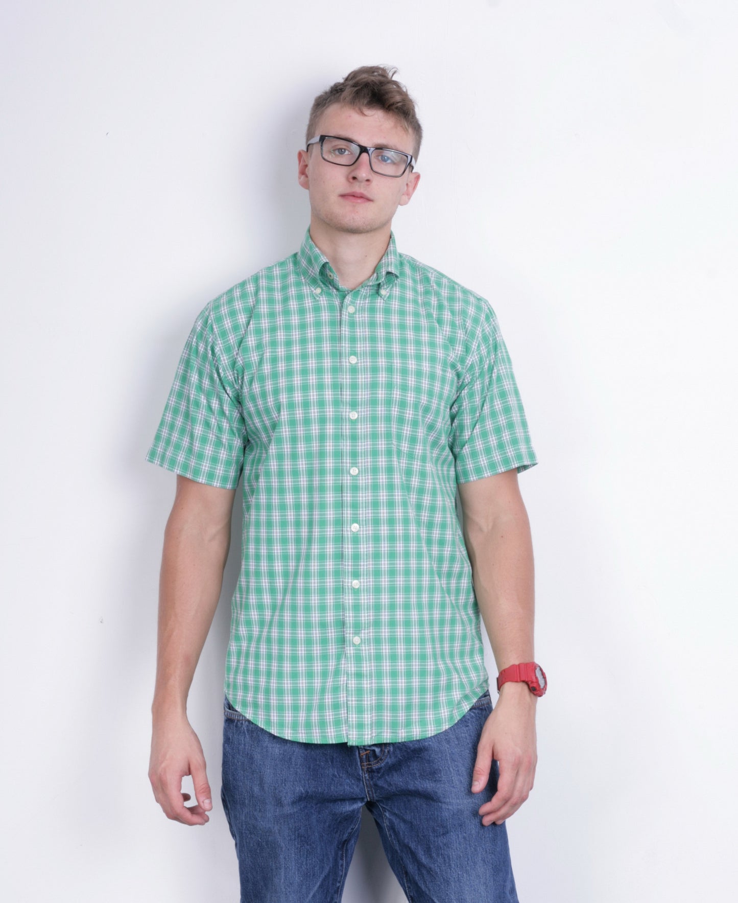 A.W. Dunmore Mens S Casual Shirt Green Check Cotton Short Sleeve - RetrospectClothes