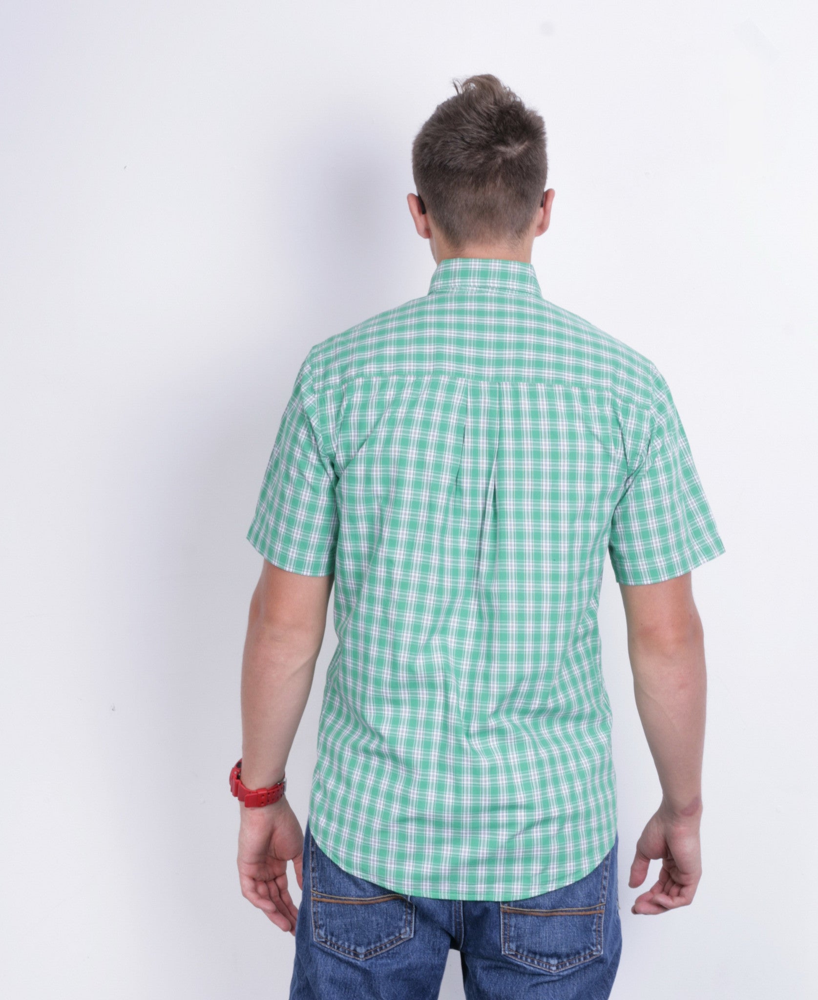 A.W. Dunmore Mens S Casual Shirt Green Check Cotton Short Sleeve - RetrospectClothes