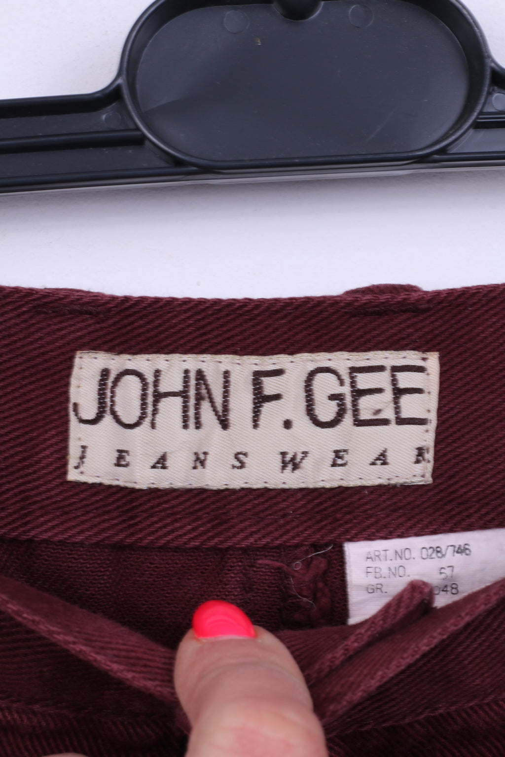 John F.Gee Mens 48 Jeans Trousers Burgundy Cotton Straight Leg Pants