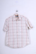 Nautica Mens M Casual Shirt Check Ecru Cotton Short Sleeve