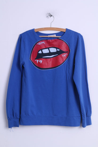 Made in Italy Sweat-shirt M pour femme en coton bleu col rond graphique grandes lèvres