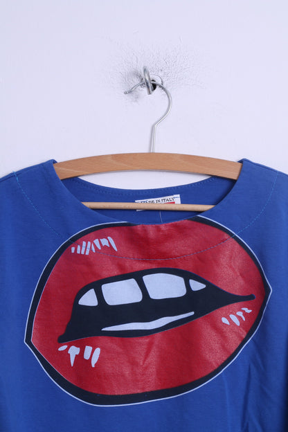 Felpa M da donna Made in Italy in cotone blu girocollo con grafica Big Lips