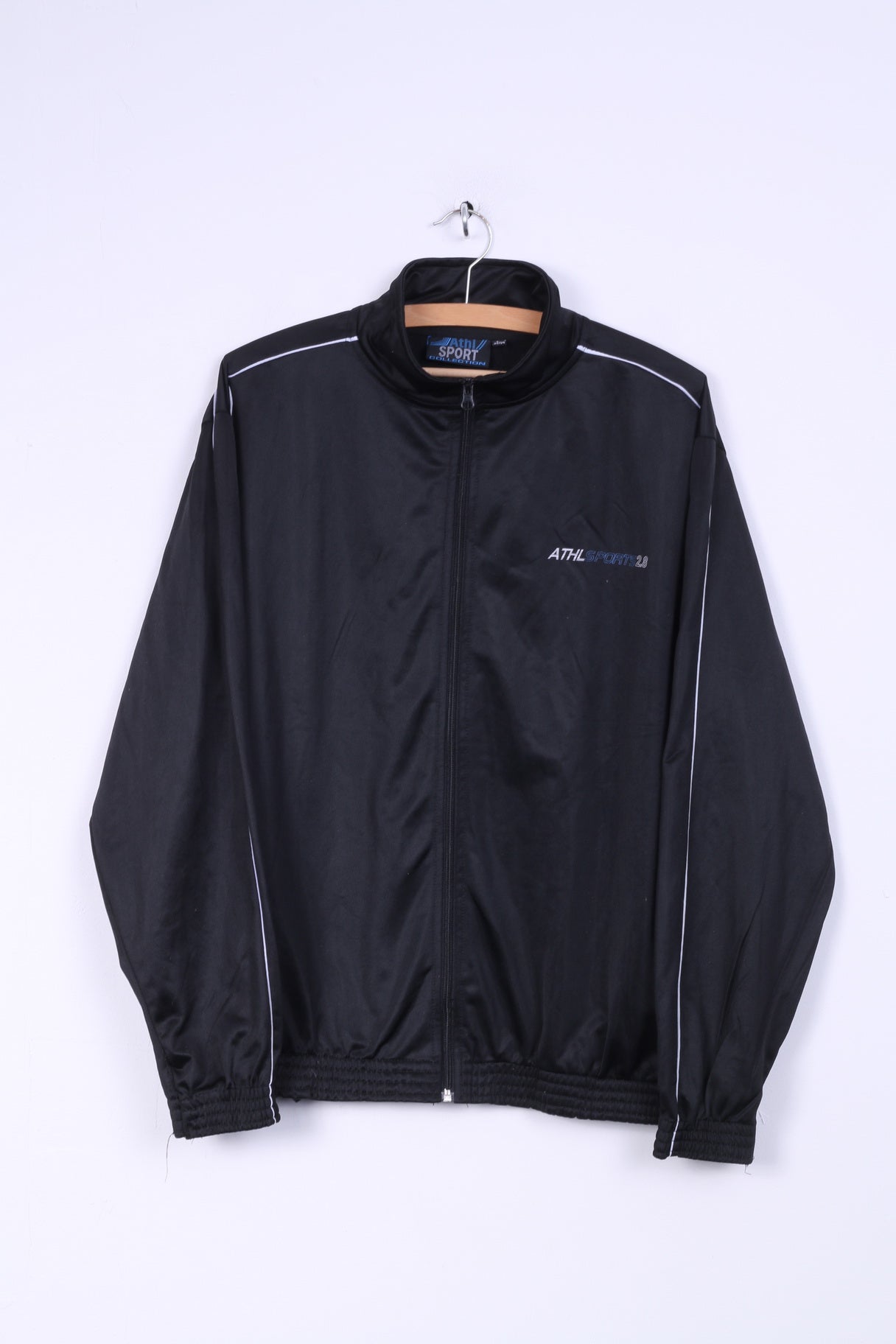 Athl Sport Mens L Sweatshirt Shiny Black Zip Up Retro Track Top
