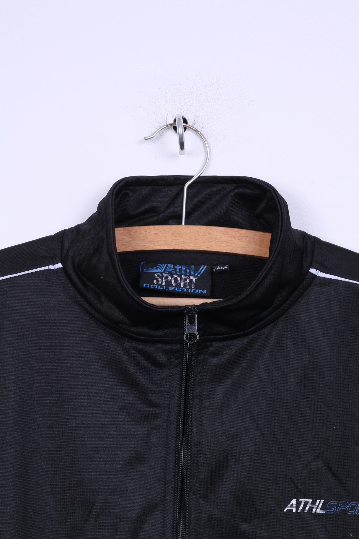 Athl Sport Mens L Sweatshirt Shiny Black Zip Up Retro Track Top