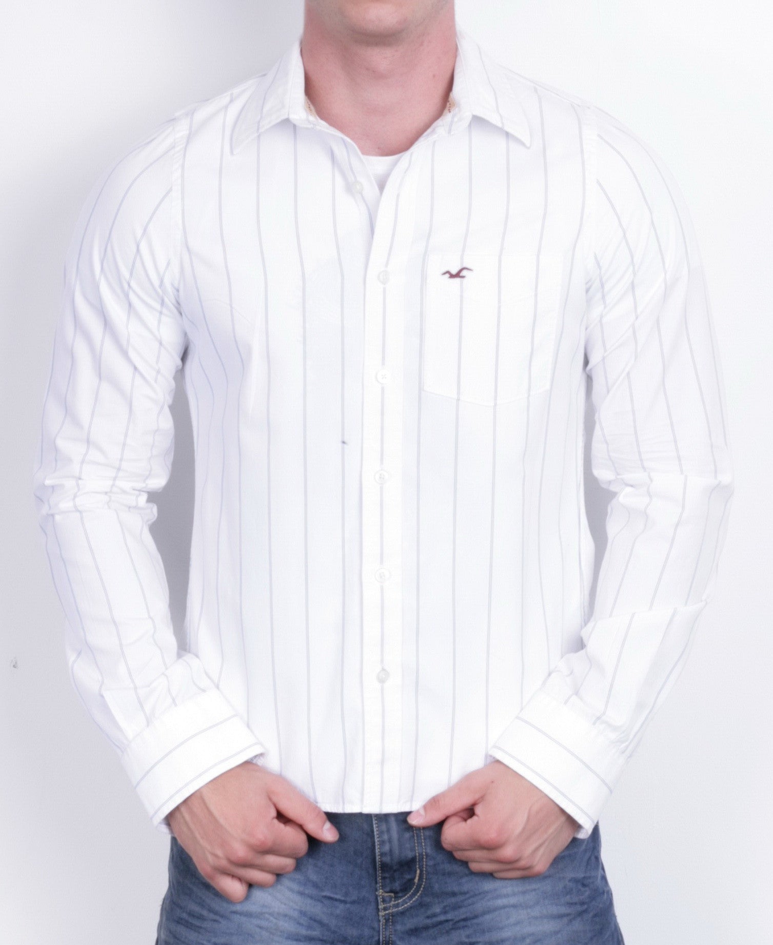 Hollister Mens M Casual Shirt White Striped Cotton Long Sleeve - RetrospectClothes