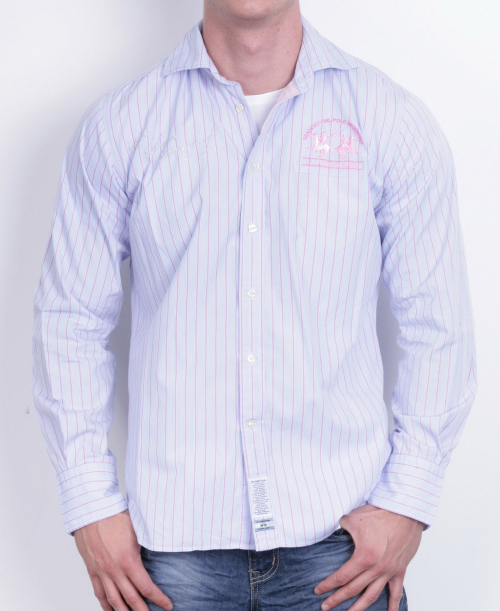 La Martina Mens L Casual Shirt Blue Cotton Buenos Aires Long Sleeve - RetrospectClothes