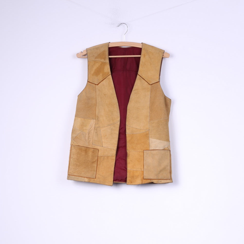 Vintage Women M Vest Patchwork Leather Suede Camel Retro Top