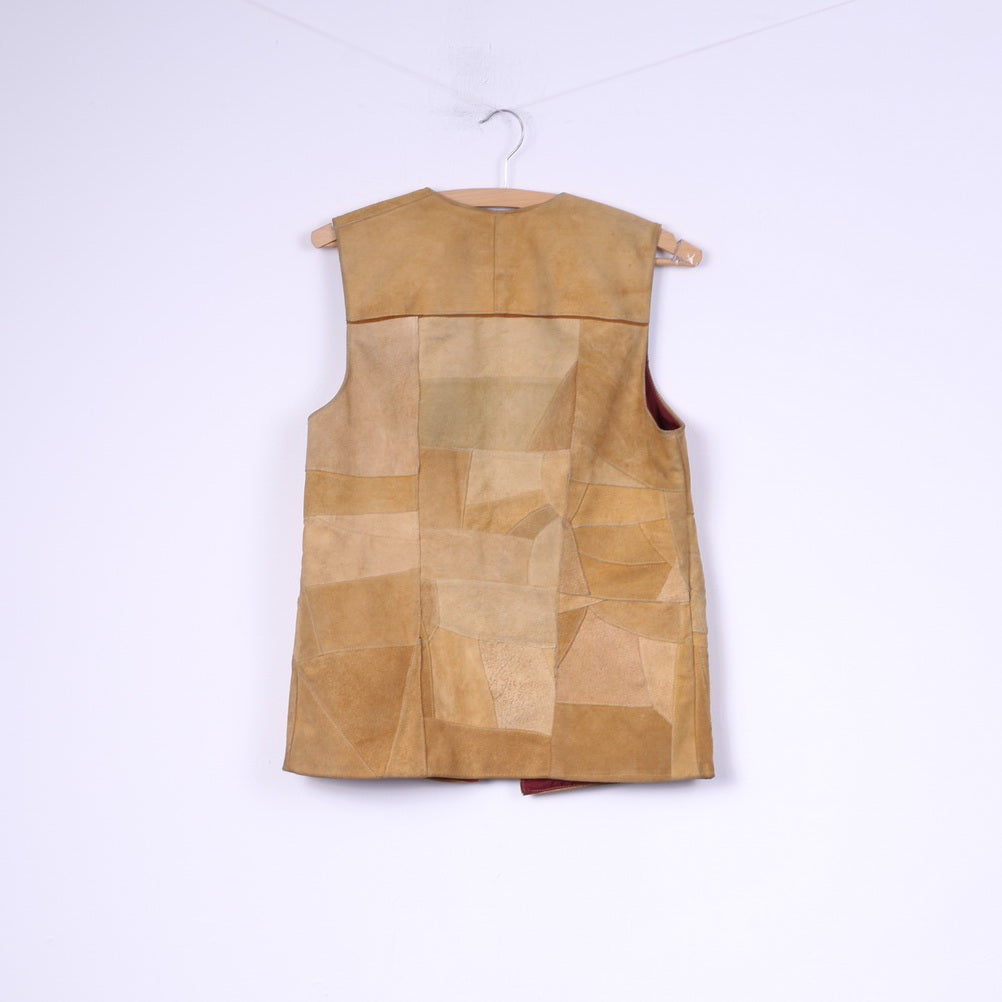 Vintage Women M Vest Patchwork Leather Suede Camel Retro Top