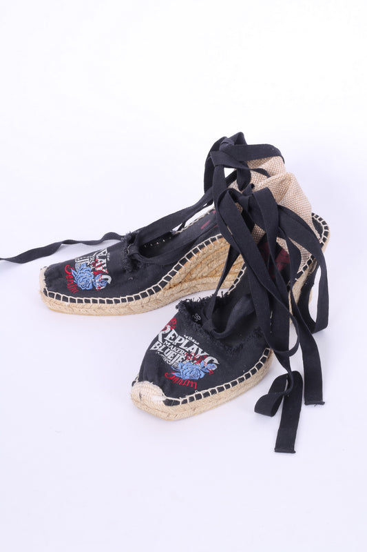 Replay Womens 3.5 eu 36 Shoes Platform Sandals Black Cotton Logo Summer