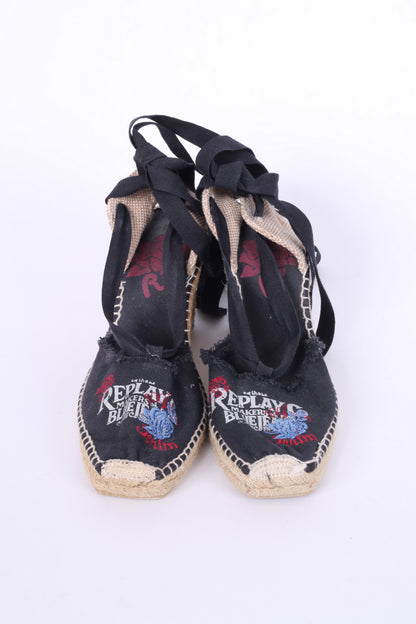 Replay Womens 3.5 eu 36 Shoes Platform Sandals Black Cotton Logo Summer