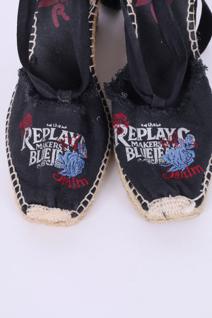 Replay Womens 3.5 eu 36 Shoes Platform Sandals Black Cotton Logo Summer