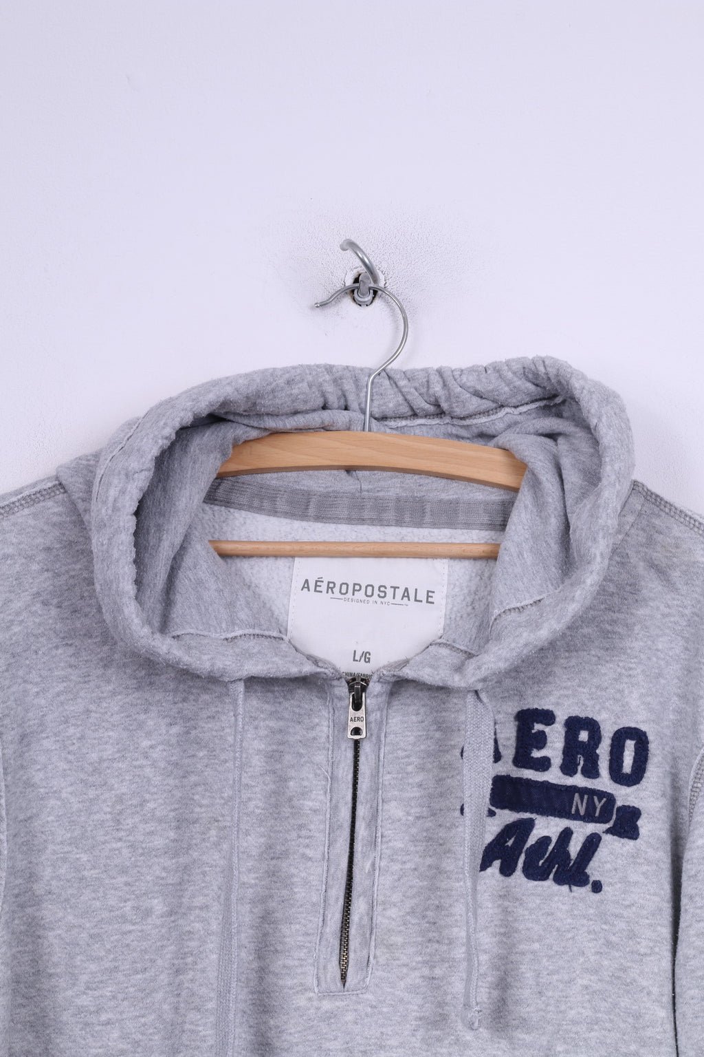 Aeropostale Uomo L Maglione Felpa con cappuccio Zip Collo Cotone Abbigliamento sportivo Grigio 