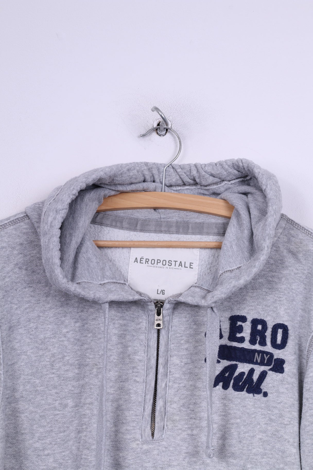 Aeropostale Uomo L Maglione Felpa con cappuccio Zip Collo Cotone Abbigliamento sportivo Grigio 