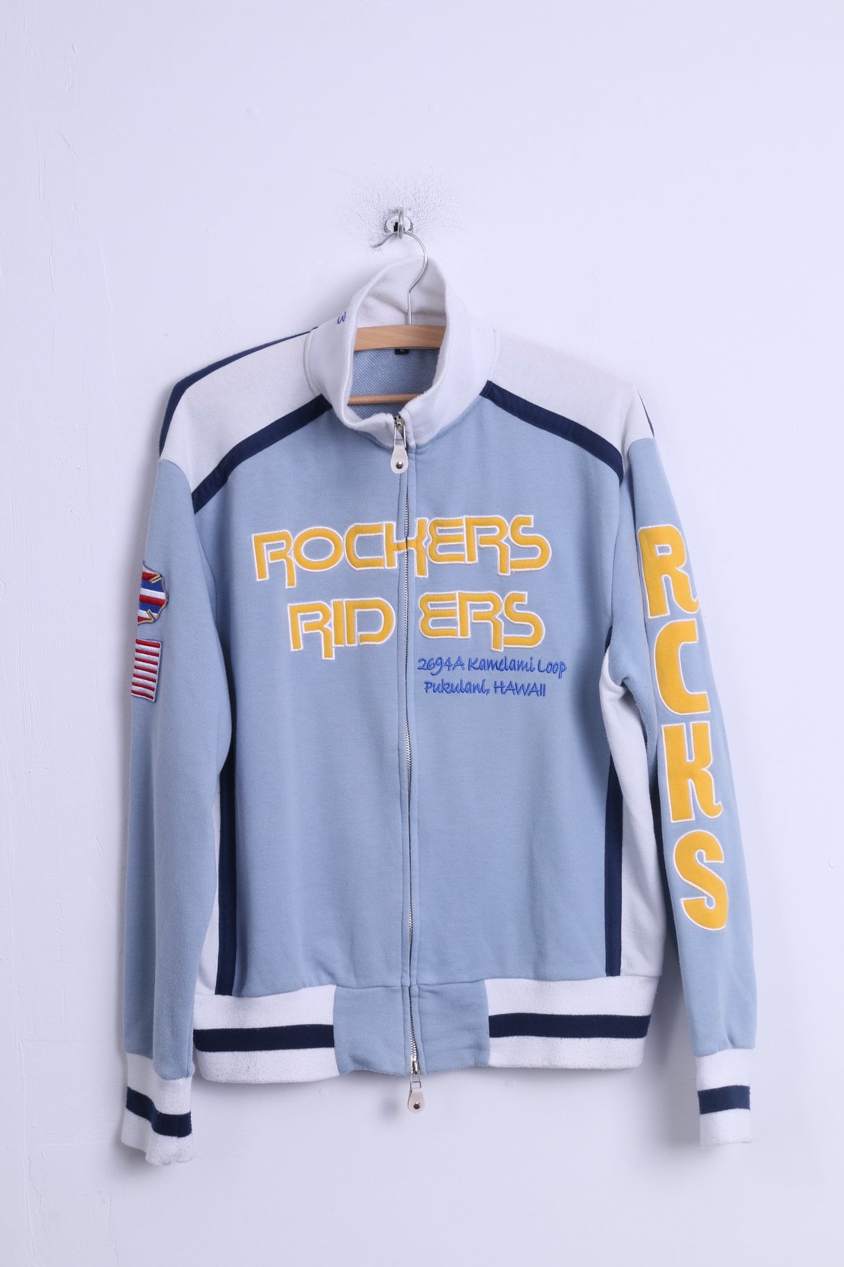 Felpa Kemitch Socialite da uomo L in cotone blu Top con cerniera ricamata Rochers Riders