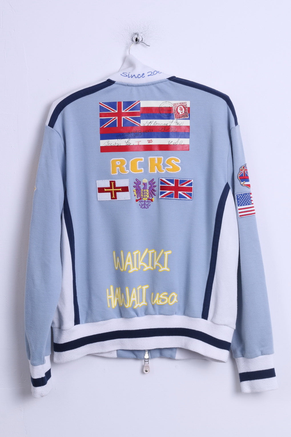 Felpa Kemitch Socialite da uomo L in cotone blu Top con cerniera ricamata Rochers Riders