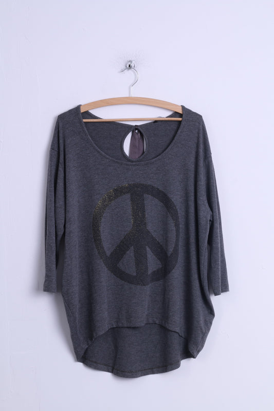 Select Womens 12 40 L Shirt Grey Cotton Graphic peace 3/4 Sleeve Top Back Tape