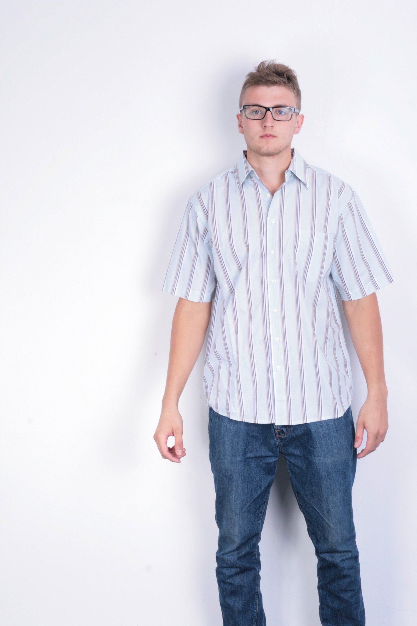 New Mens Classic Mens 52 XL Casual Shirt Short Sleeve Striped Blue Cotton - RetrospectClothes