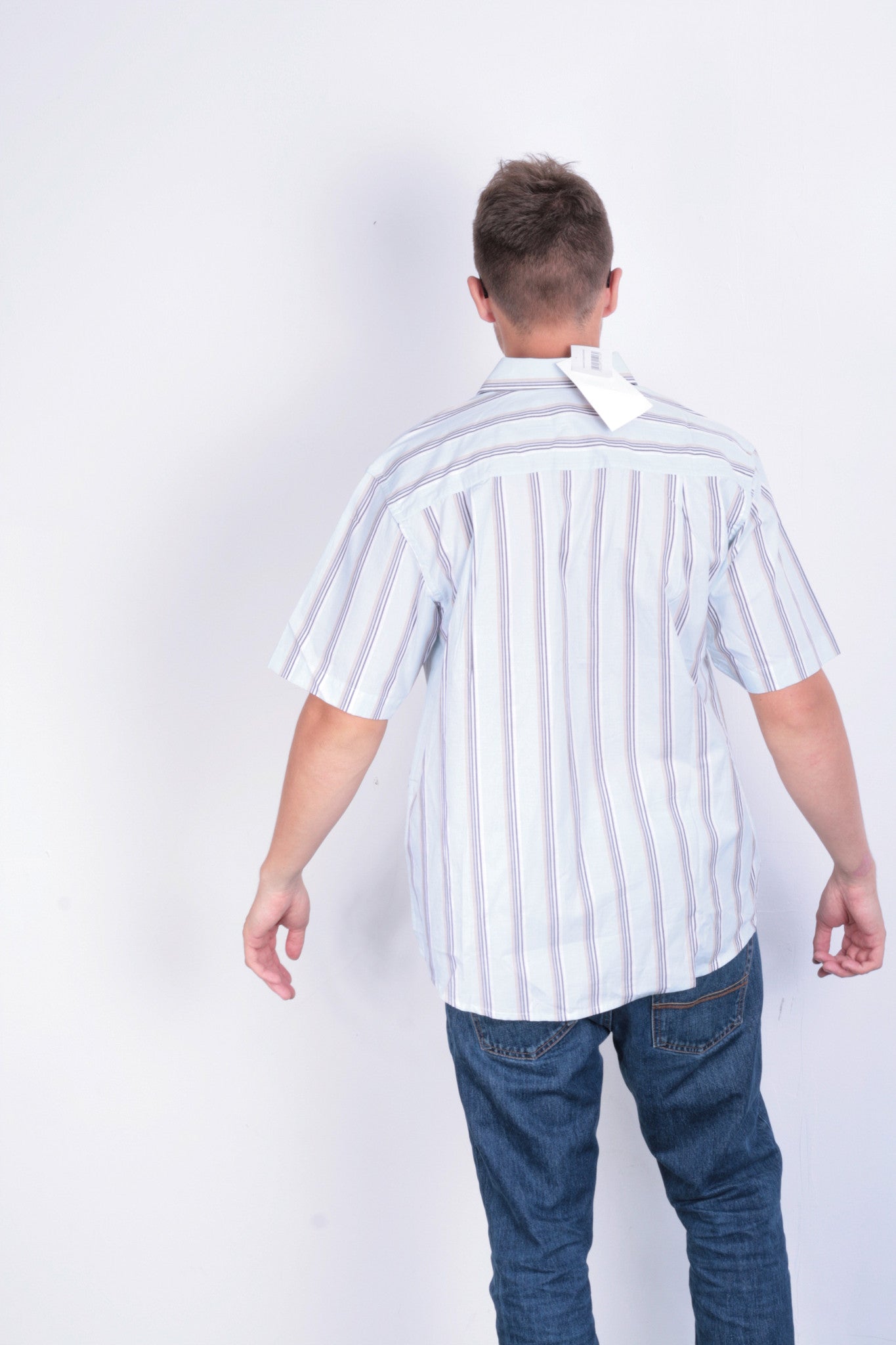 New Mens Classic Mens 52 XL Casual Shirt Short Sleeve Striped Blue Cotton - RetrospectClothes