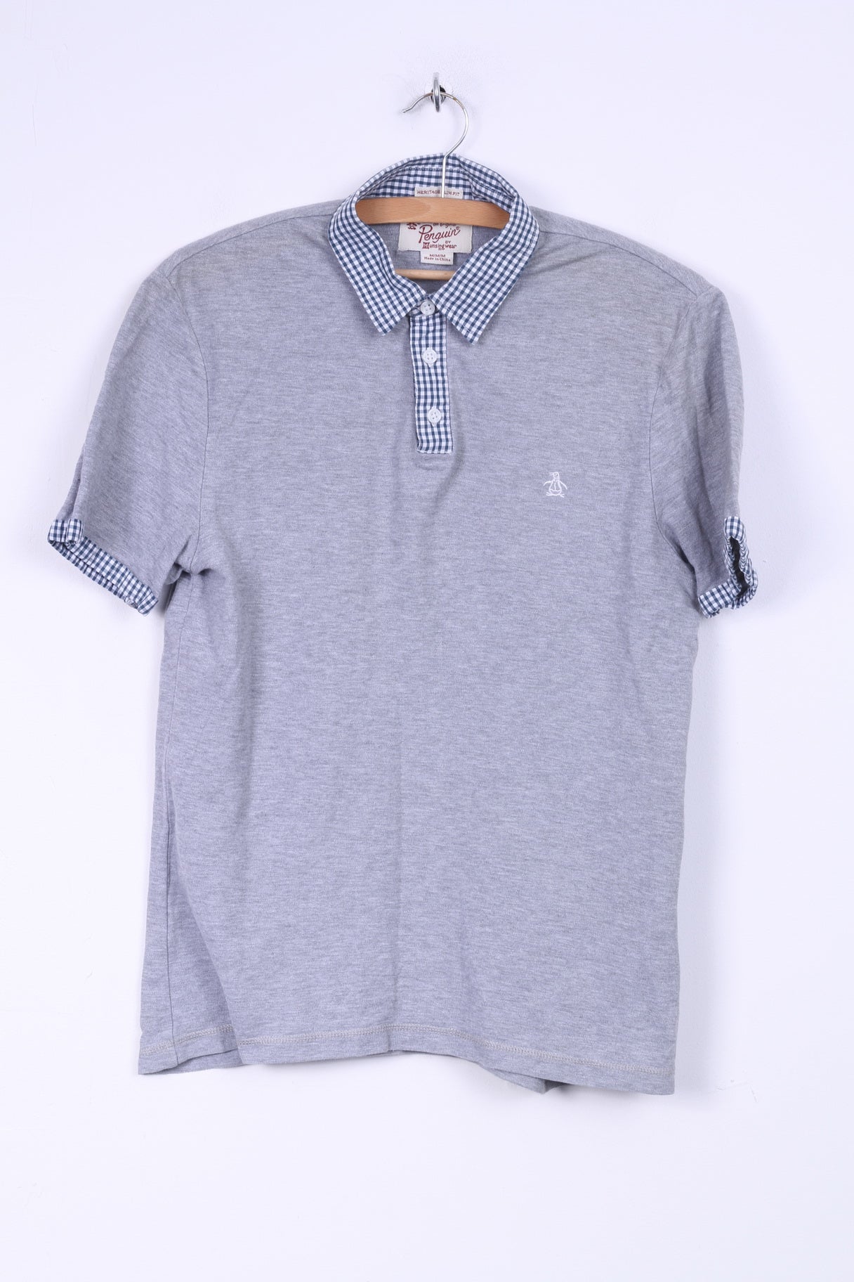 Penguin Mens M Polo Shirt Grey Cotton Checkered Collar Slim Fit