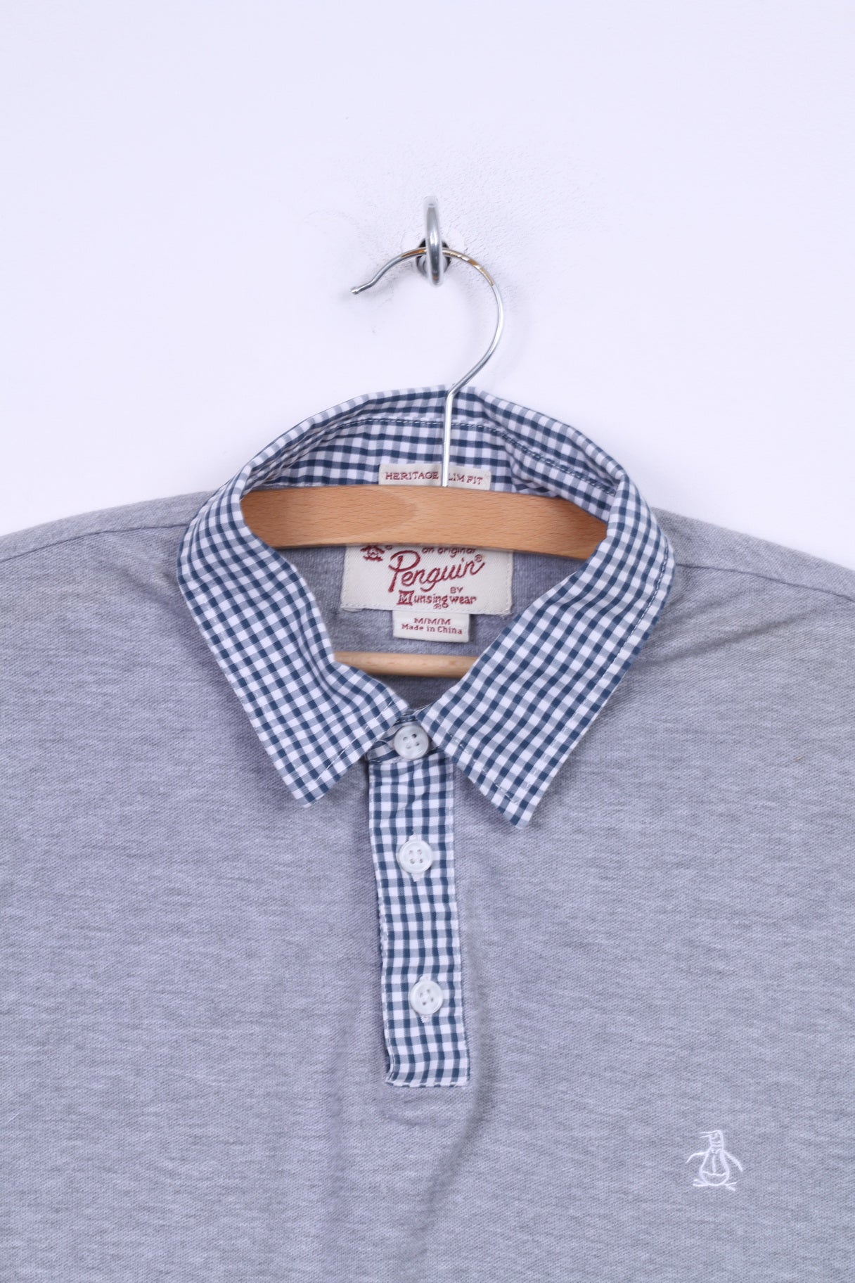 Penguin Mens M Polo Shirt Grey Cotton Checkered Collar Slim Fit