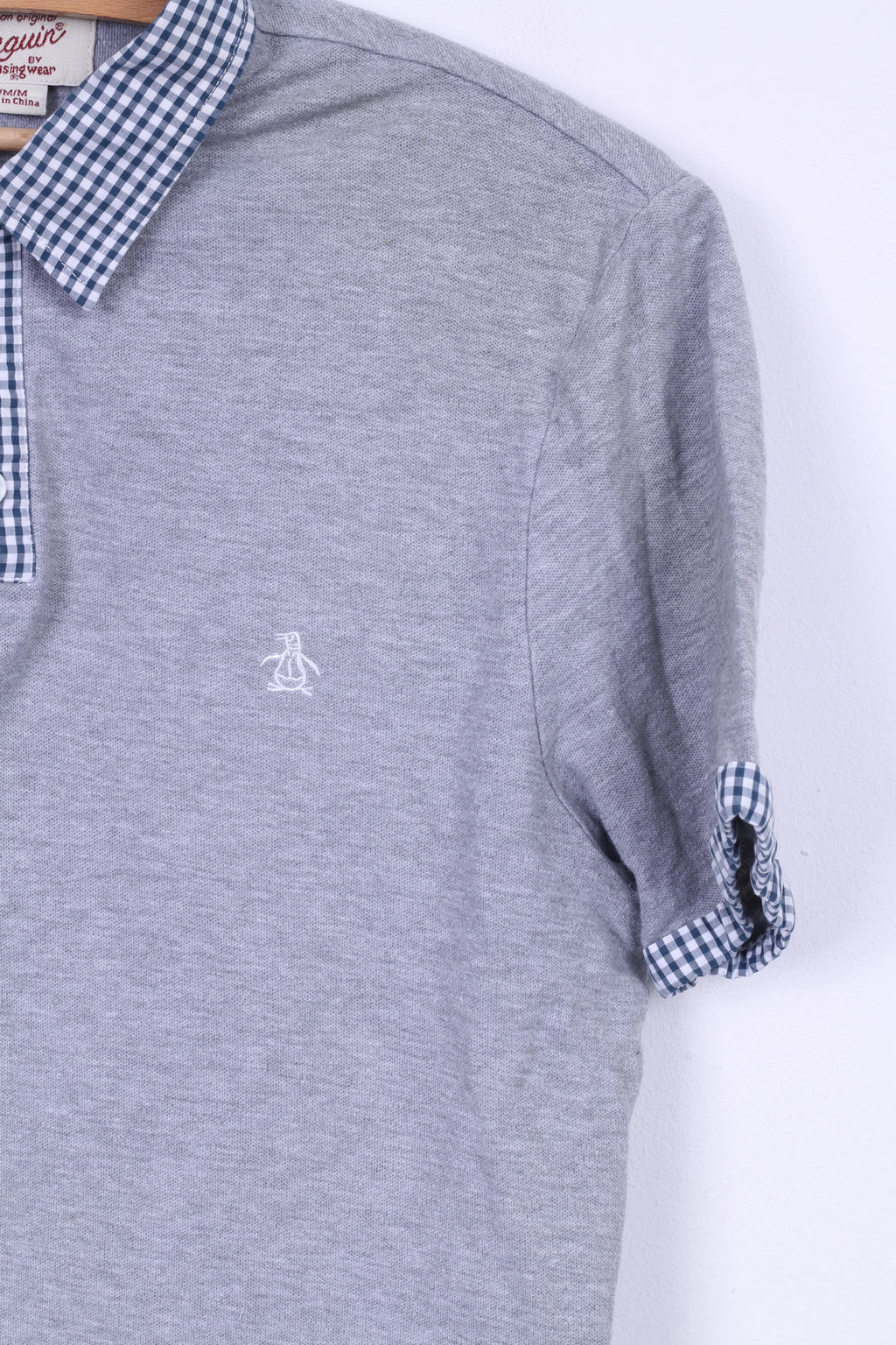 Polo da uomo M Penguin in cotone grigio, colletto a quadretti, vestibilità slim