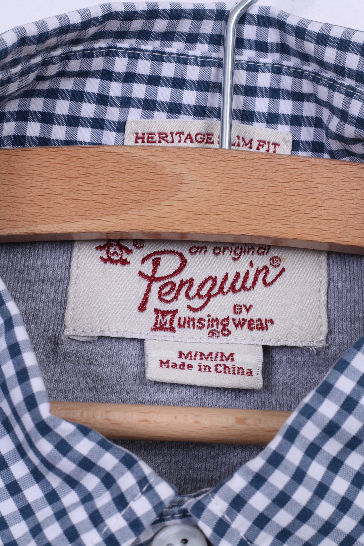 Penguin Mens M Polo Shirt Grey Cotton Checkered Collar Slim Fit