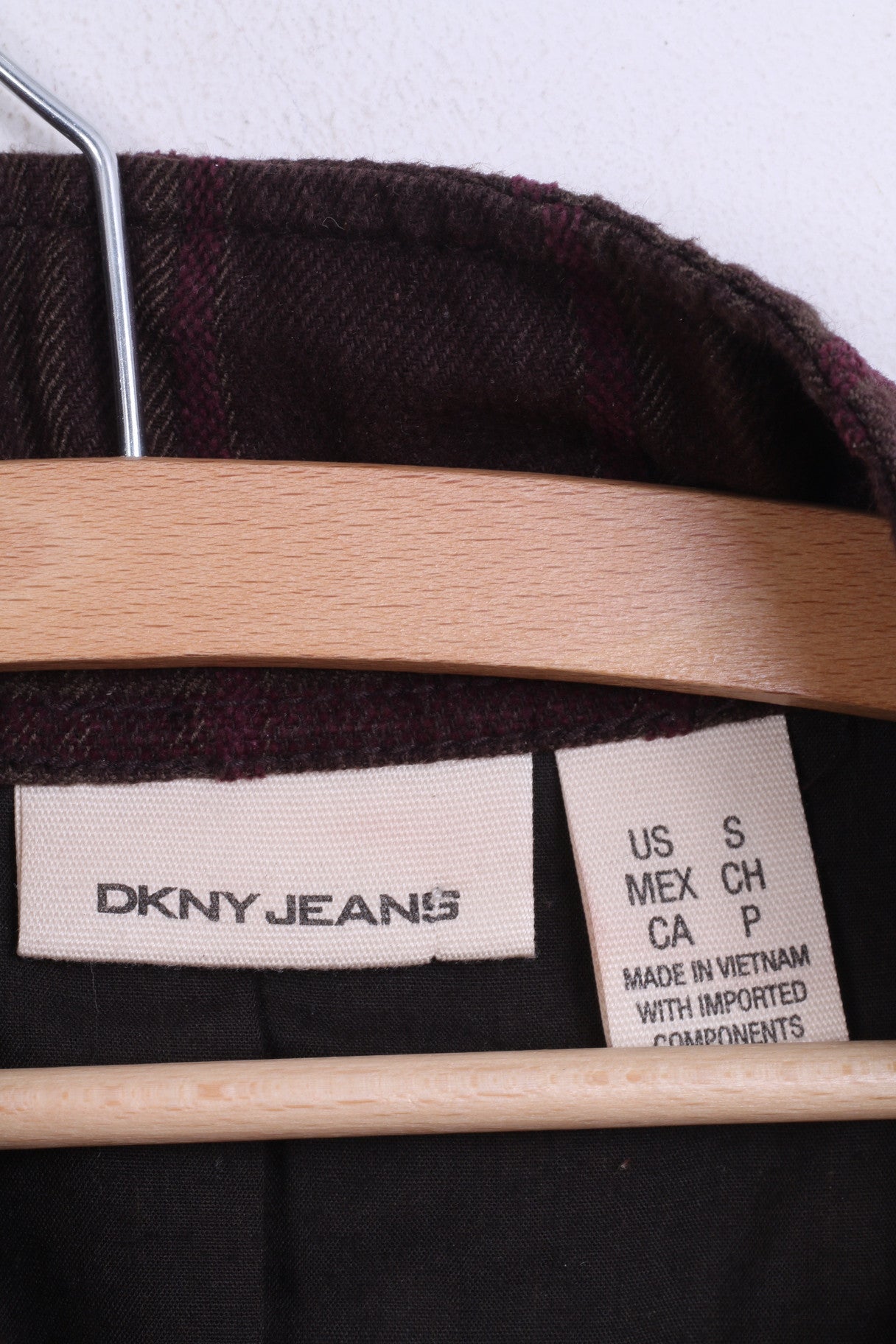 DKNY Jeans Womens S Jacket Purple Check Single Breasted Cotton Brown - RetrospectClothes