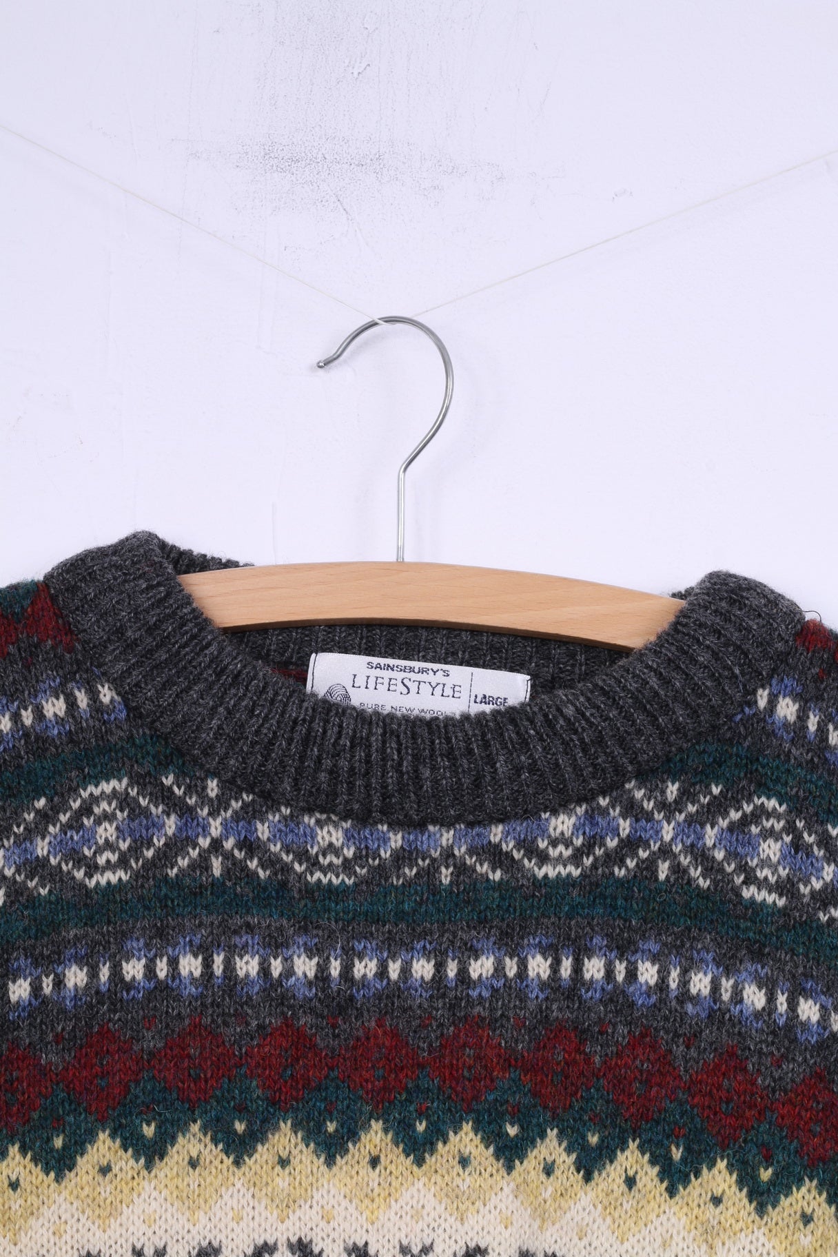 Sainsbury's Lifestyle Mens L Jumper Pure Wool Grey Warm Printed Sweater