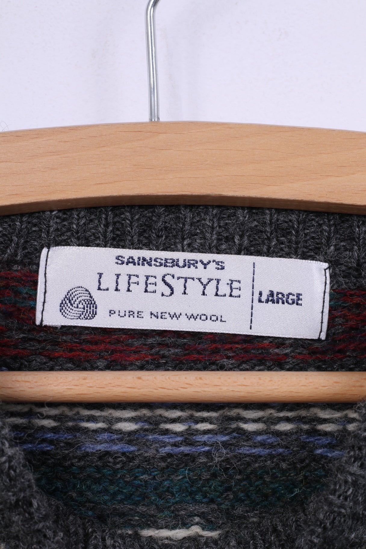 Sainsbury's Lifestyle Maglione da uomo L in pura lana grigio caldo maglione stampato 