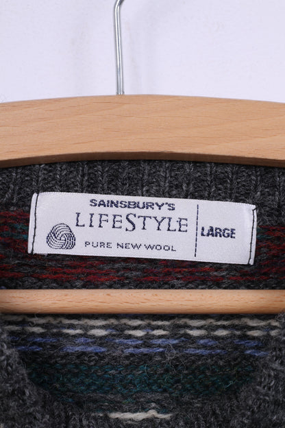 Sainsbury's Lifestyle Maglione da uomo L in pura lana grigio caldo maglione stampato 