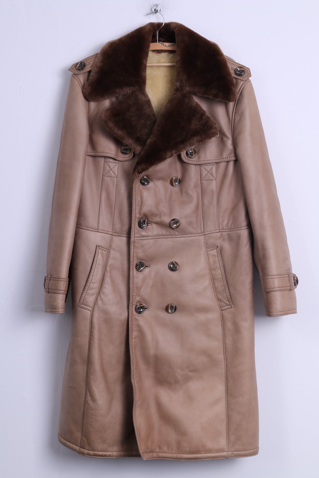 Womens L Coat Beige Leather Fur Buttoned Sheep Lined Warm Long belted Winter Coat