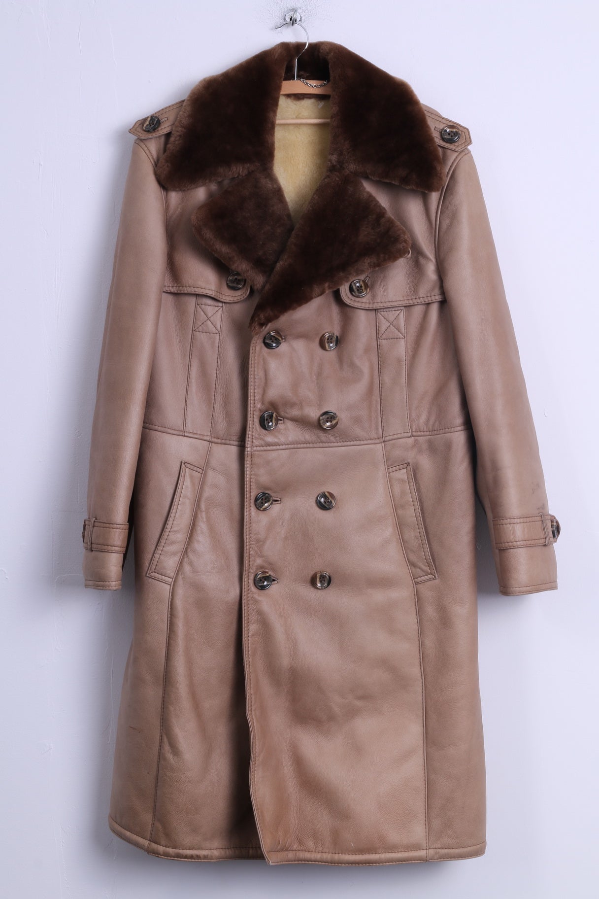 Manteau L femme cuir Beige fourrure boutonné mouton doublé chaud Long manteau d'hiver ceinturé