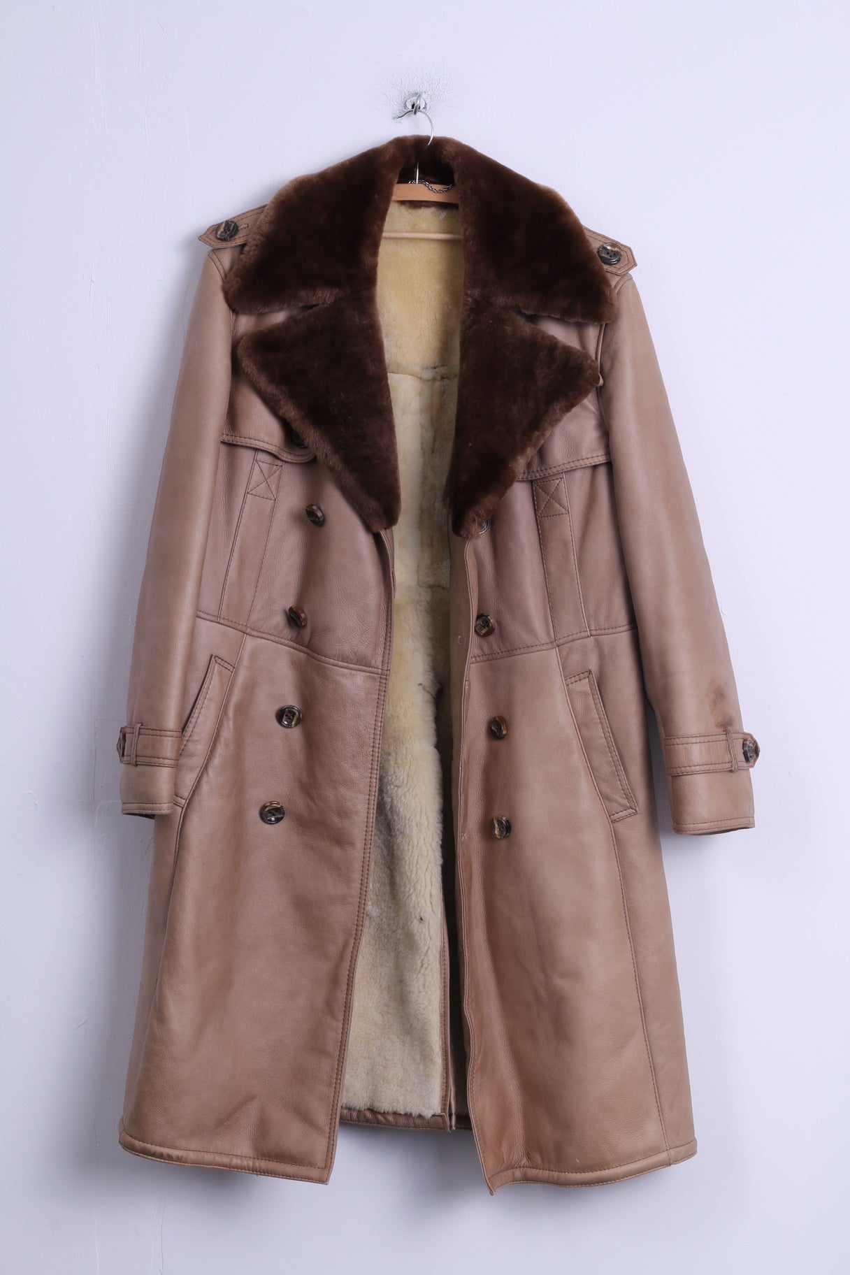 Manteau L femme cuir Beige fourrure boutonné mouton doublé chaud Long manteau d'hiver ceinturé