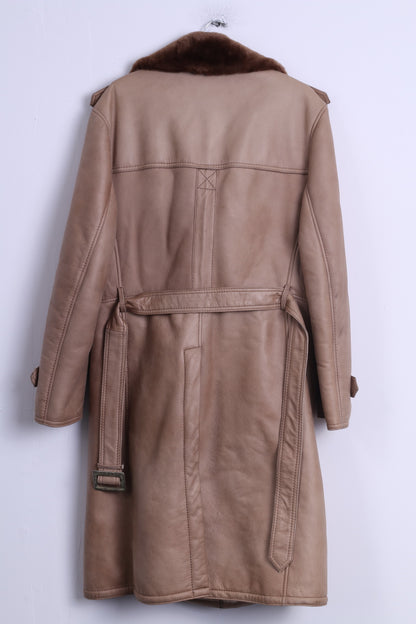 Womens L Coat Beige Leather Fur Buttoned Sheep Lined Warm Long belted Winter Coat