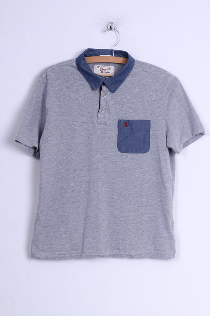 Penguin Mens M (S) Polo Shirt Grey Cotton Blue CollarShort Sleeve