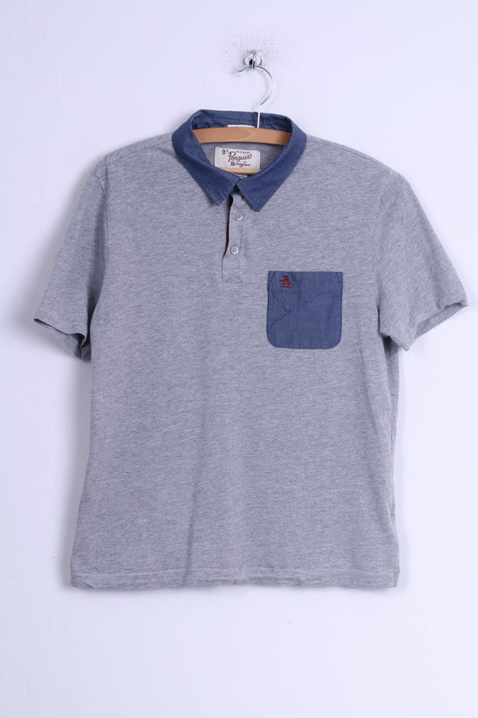 Penguin Polo M (S) Homme Gris Coton Col Bleu Manches Courtes