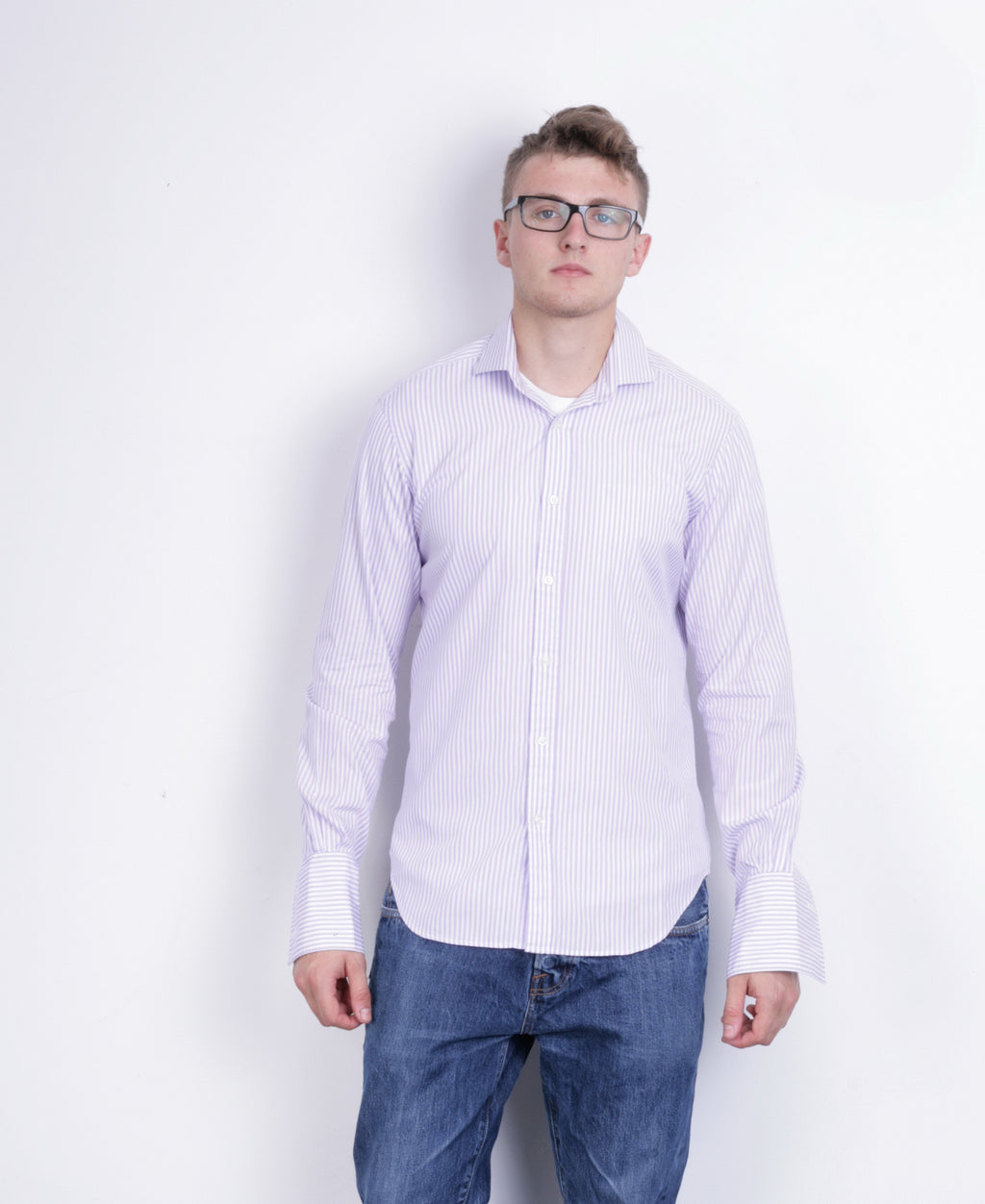 T.M. Lewin Mens 15.5/34.5 XL Formal Shirt Blue Slim Fit Cotton White Cufflinks - RetrospectClothes