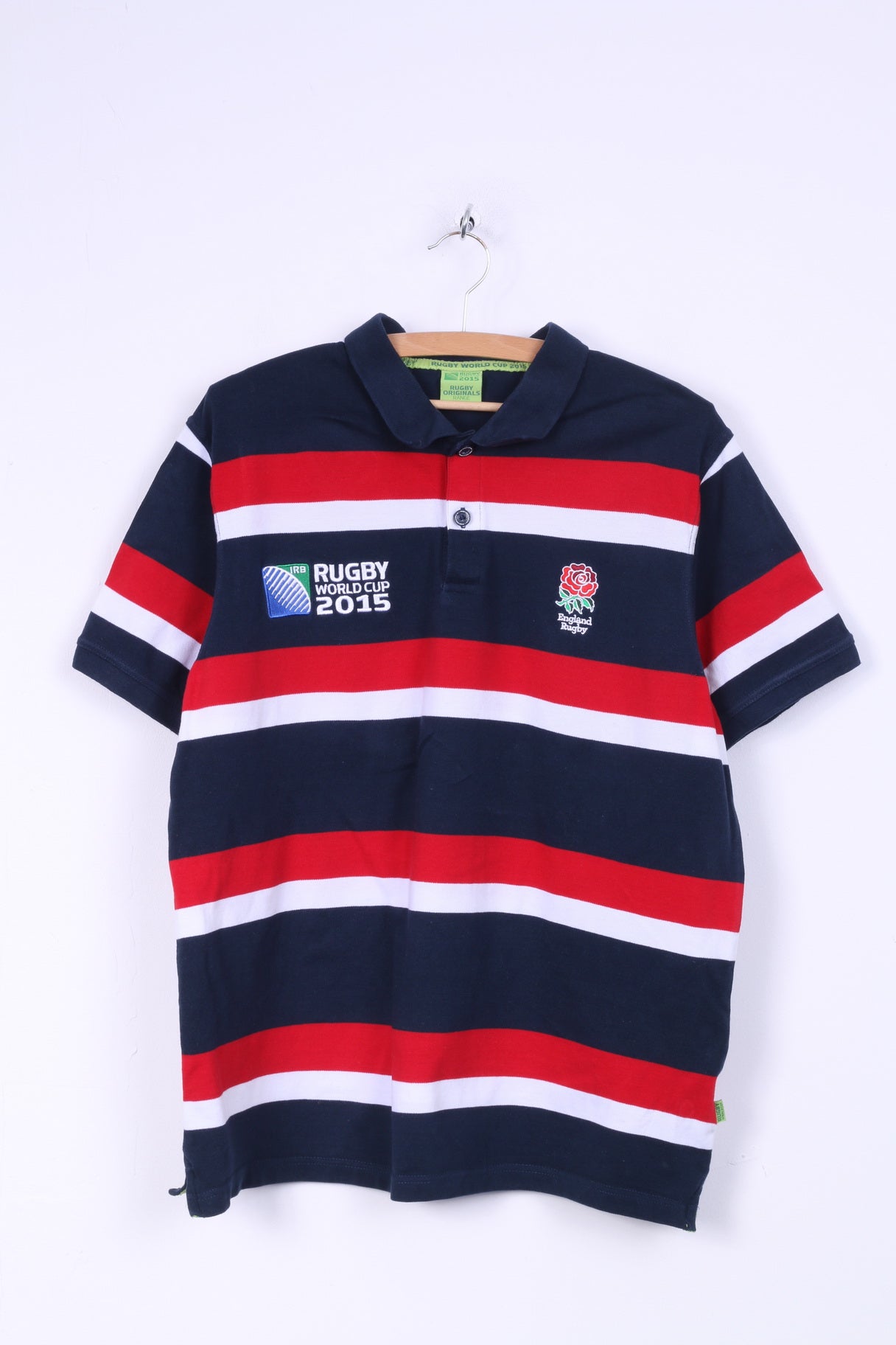Rugby World Cup 2015 Mens XL Polo Shirt Navy Striped Cotton Blue Striped Detailed Buttons