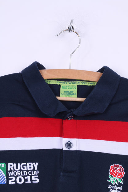 Rugby World Cup 2015 Mens XL Polo Shirt Navy Striped Cotton Blue Striped Detailed Buttons