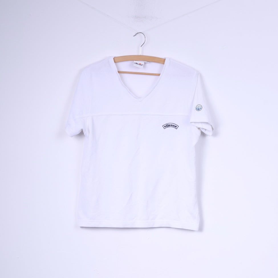 Ellesse Womens 14 L T-Shirt V Neck White Cotton Sportswear Tennis Top