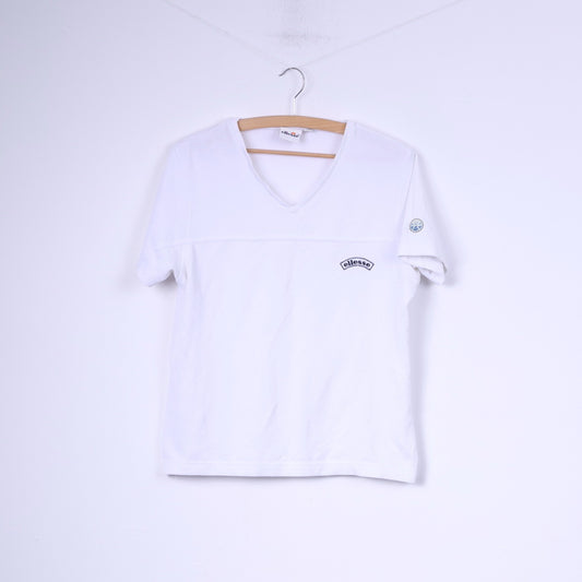 Ellesse Womens 14 L T-Shirt Col V Blanc Coton Sportswear Tennis Top 