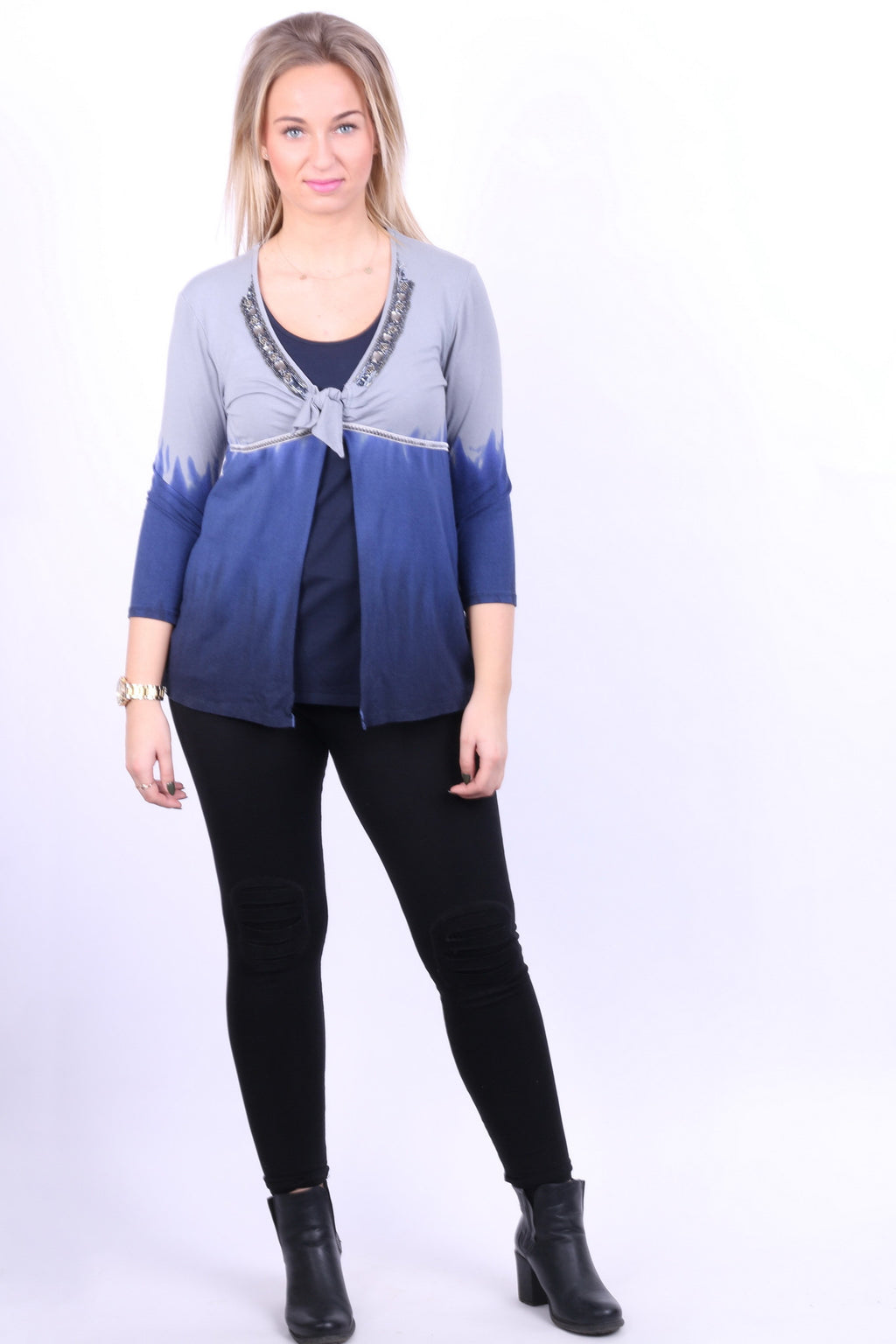 Biba Womens M Blouse Shirt 3/4 Sleeve Beads Grey Navy Blue - RetrospectClothes