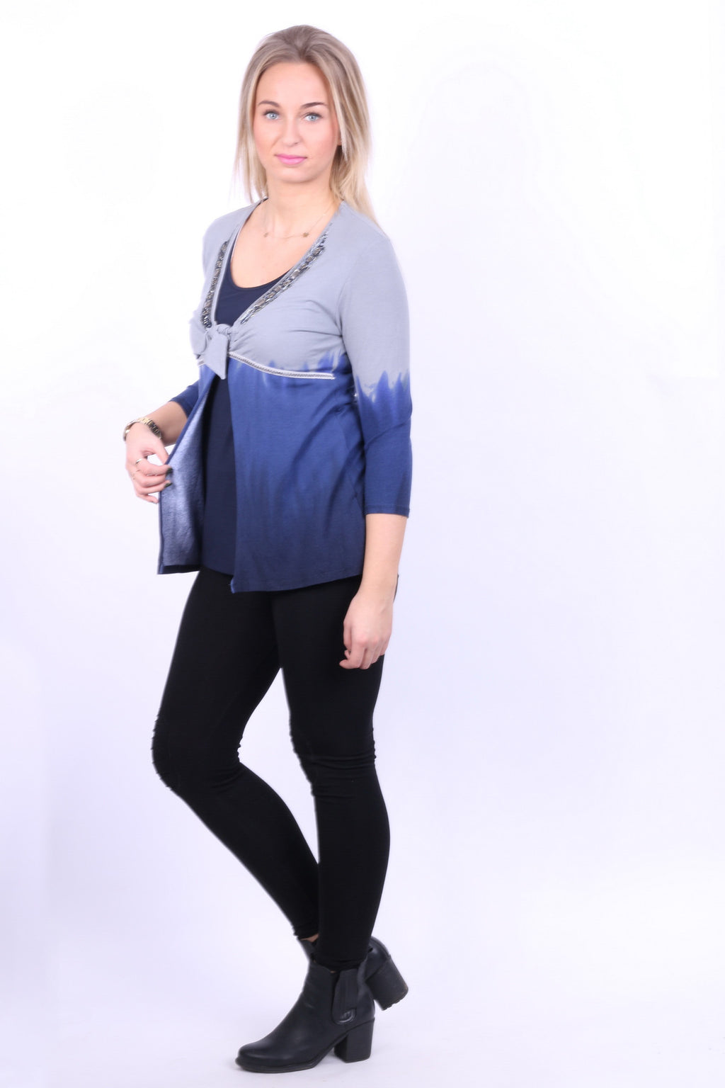 Biba Womens M Blouse Shirt 3/4 Sleeve Beads Grey Navy Blue - RetrospectClothes