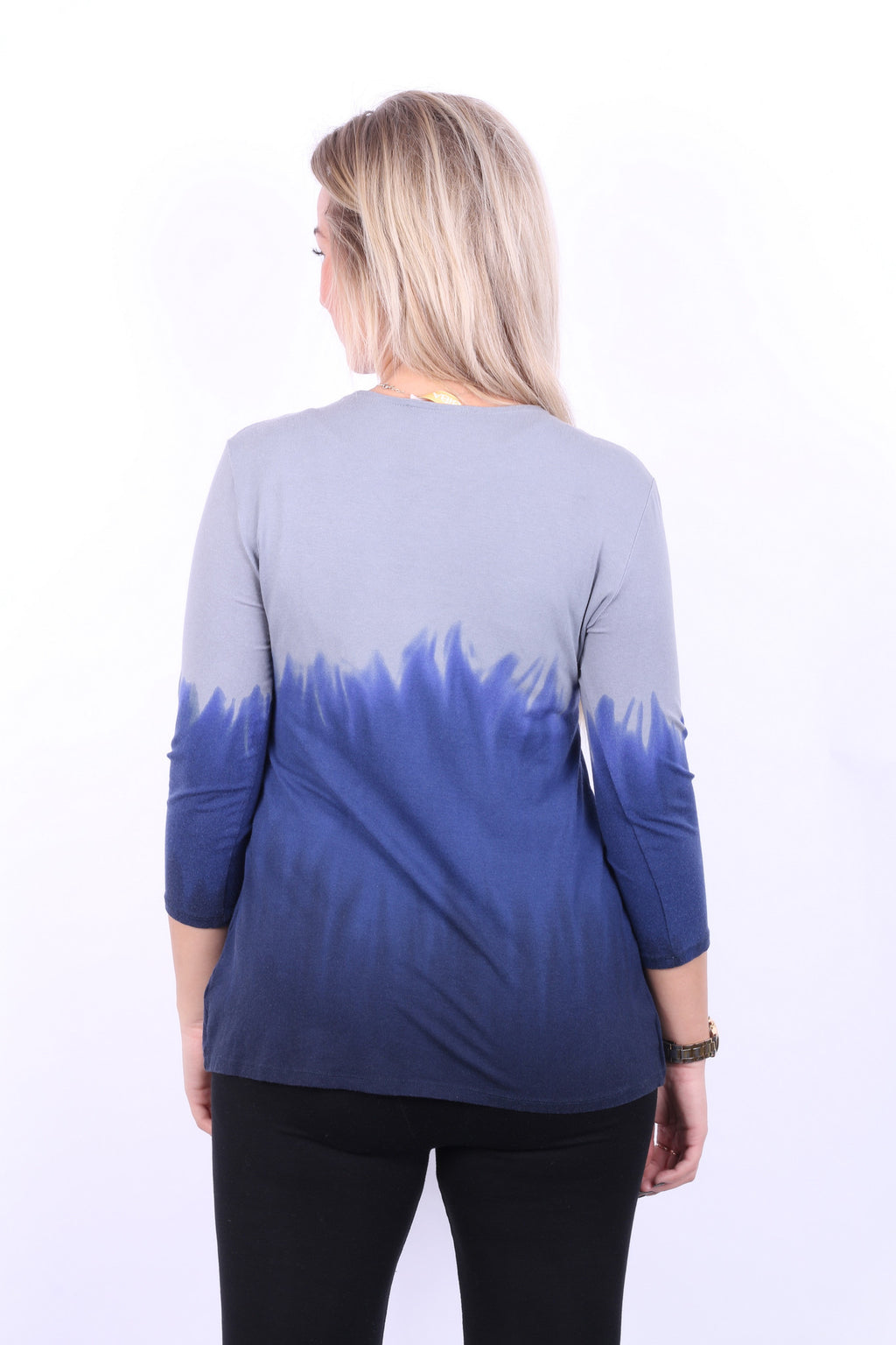 Biba Womens M Blouse Shirt 3/4 Sleeve Beads Grey Navy Blue - RetrospectClothes