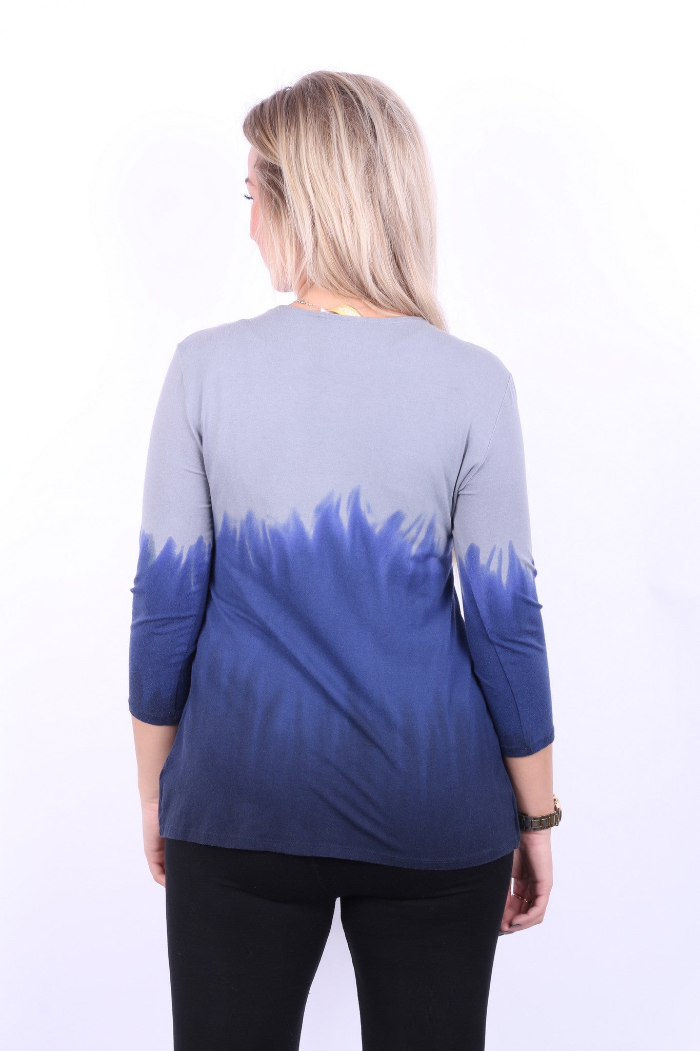 Biba Womens M Blouse Shirt 3/4 Sleeve Beads Grey Navy Blue - RetrospectClothes