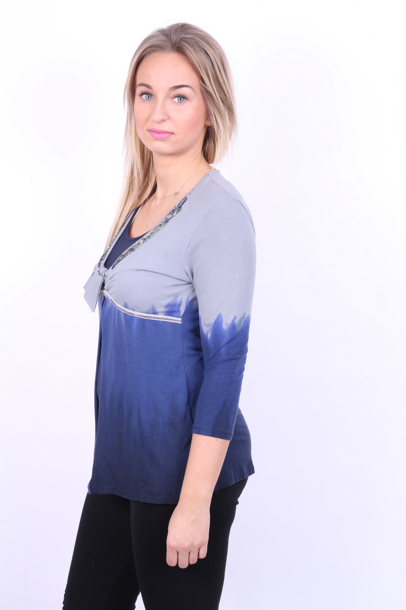 Biba Womens M Blouse Shirt 3/4 Sleeve Beads Grey Navy Blue - RetrospectClothes