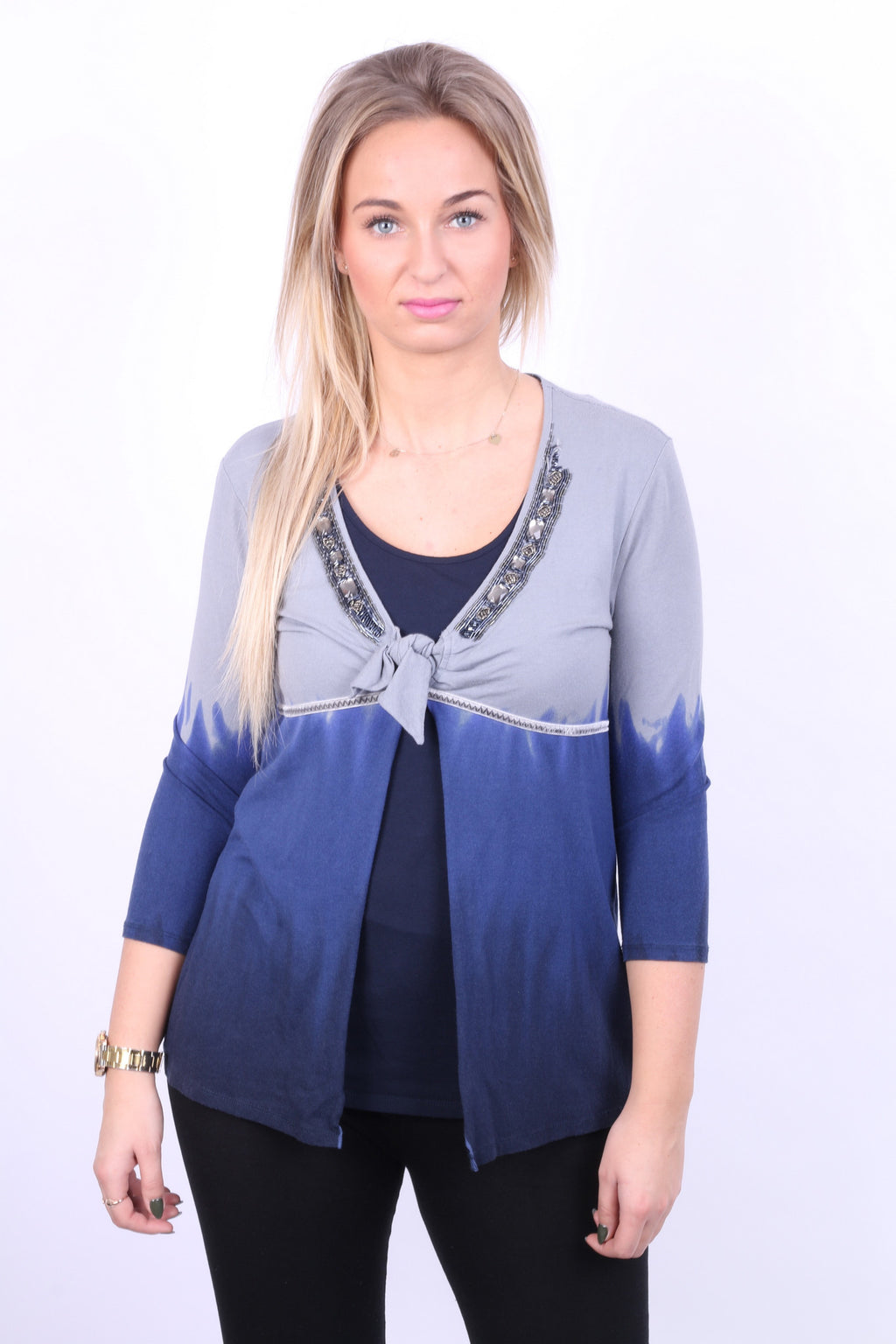 Biba Womens M Blouse Shirt 3/4 Sleeve Beads Grey Navy Blue - RetrospectClothes