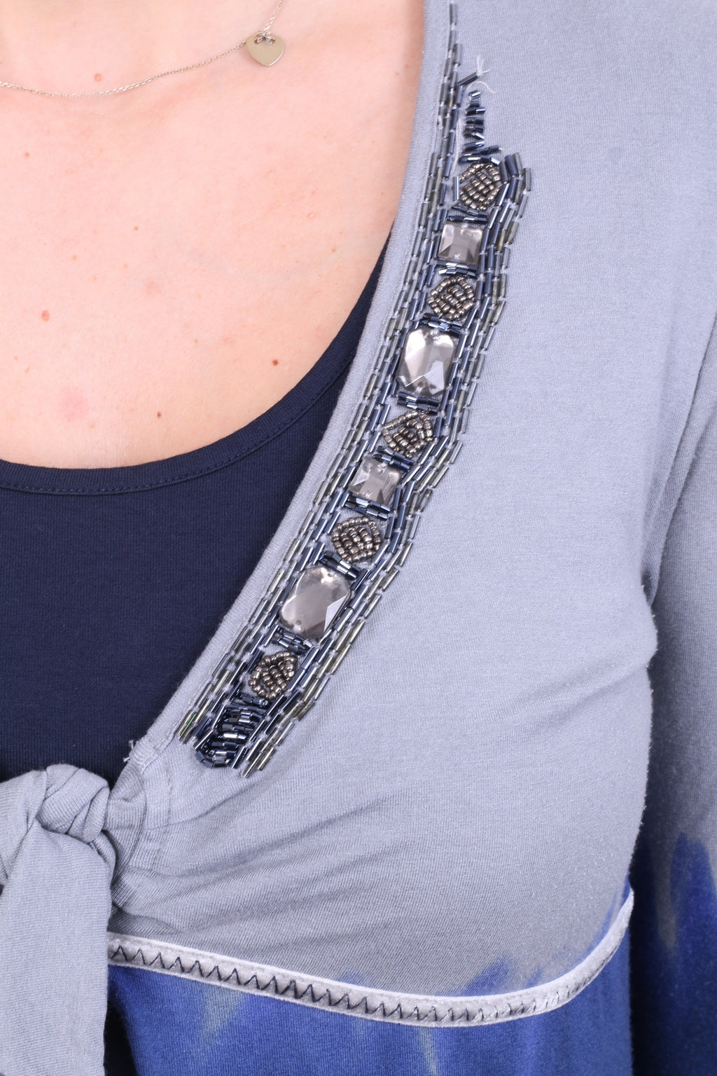 Biba Womens M Blouse Shirt 3/4 Sleeve Beads Grey Navy Blue - RetrospectClothes