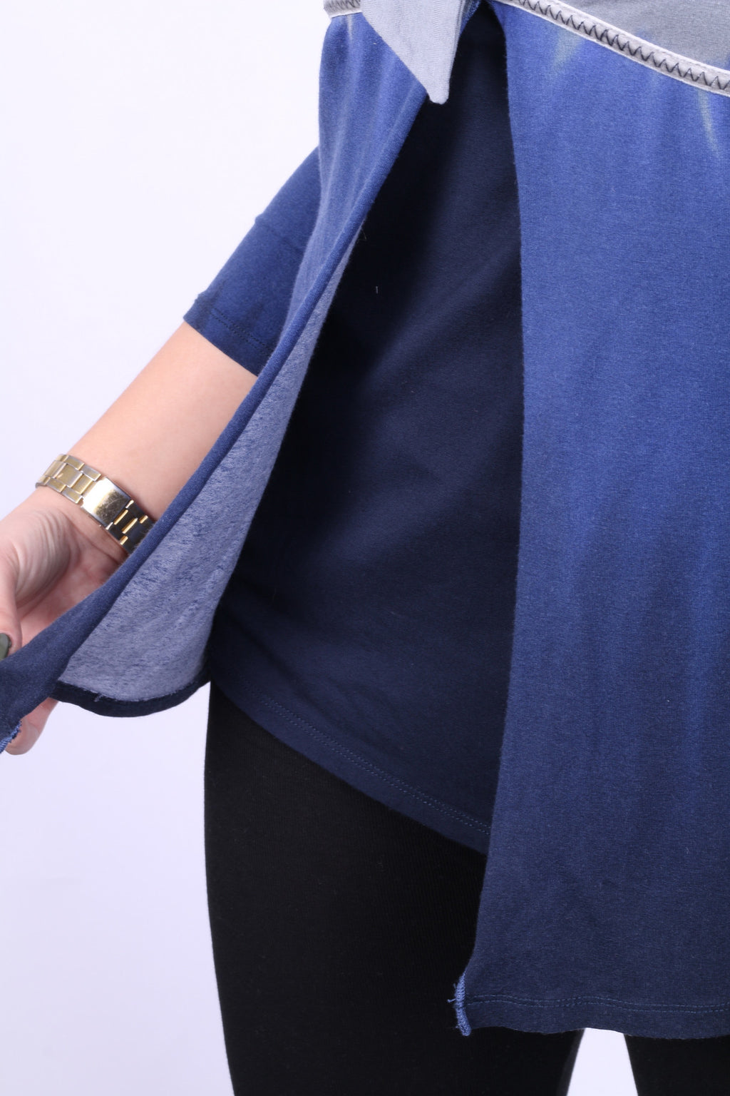 Biba Womens M Blouse Shirt 3/4 Sleeve Beads Grey Navy Blue - RetrospectClothes