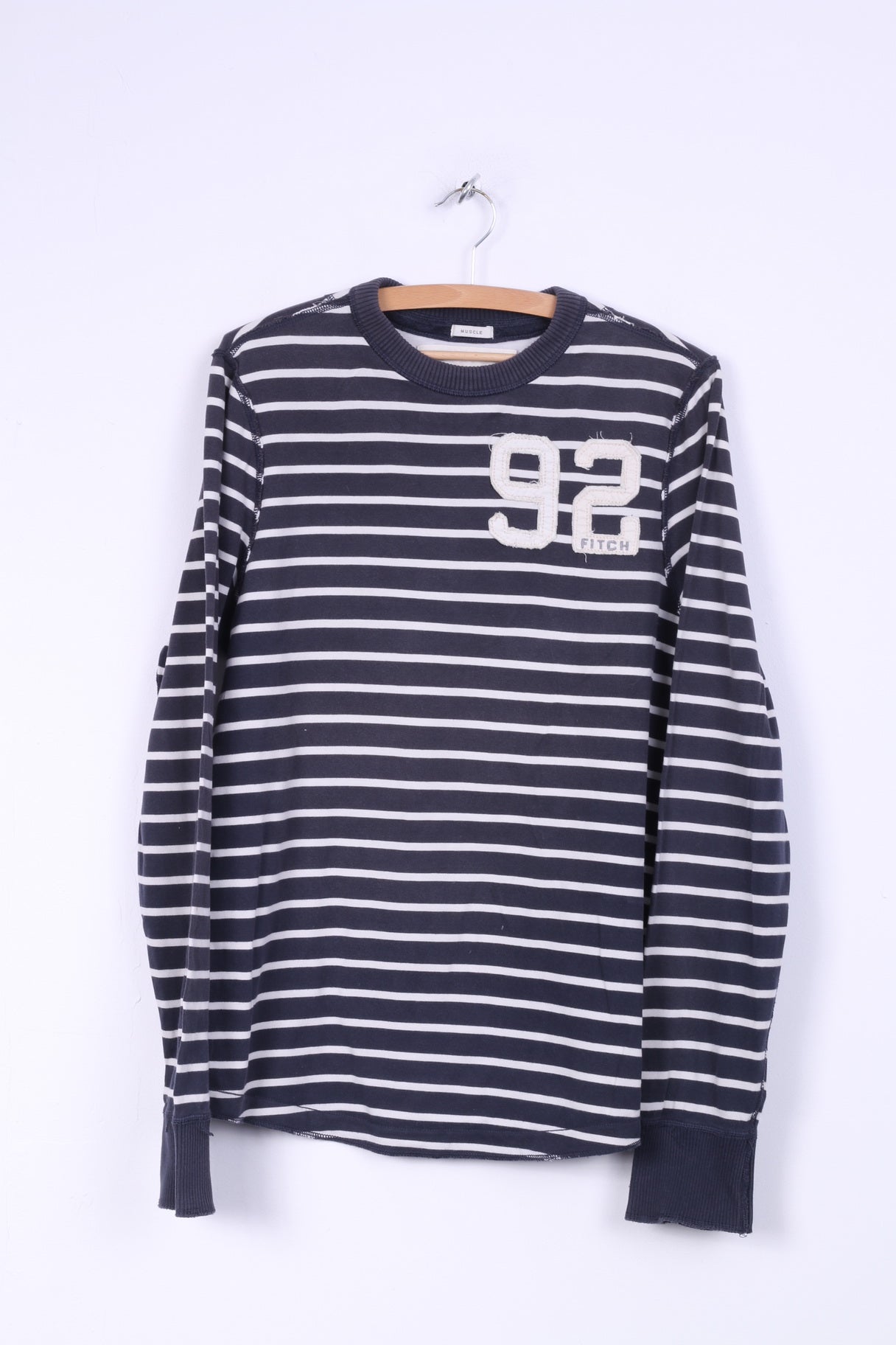 Abercrombie & Fitch Mens XL (M) Long Sleeve Shirt Navy Cotton Striped Muscle Fit Top